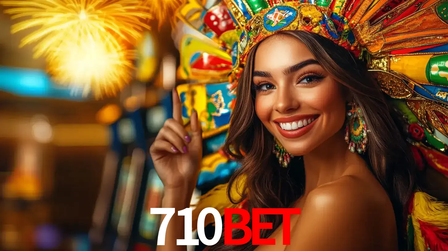 Mulher sorridente com um cocar de carnaval vibrante e colorido, celebrando uma grande vitória nos jogos do cassino 710BET com fogos de artifício ao fundo.