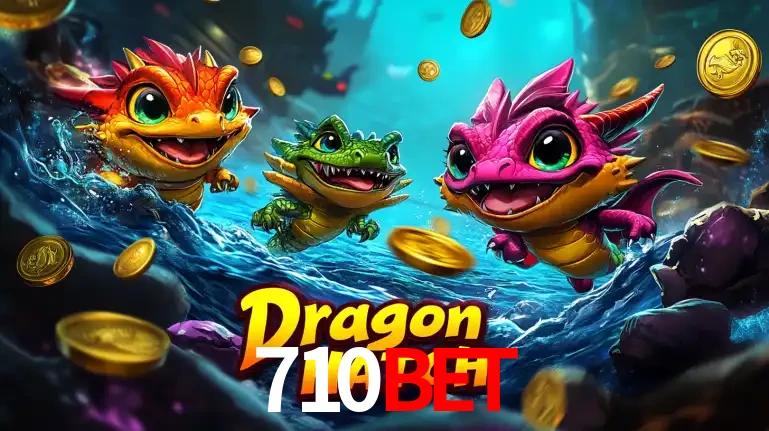 Arte promocional do jogo Dragon Hatch com três adoráveis dragões bebês nadando entre moedas de ouro, um dos slots mais divertidos para jogar no cassino 710BET.