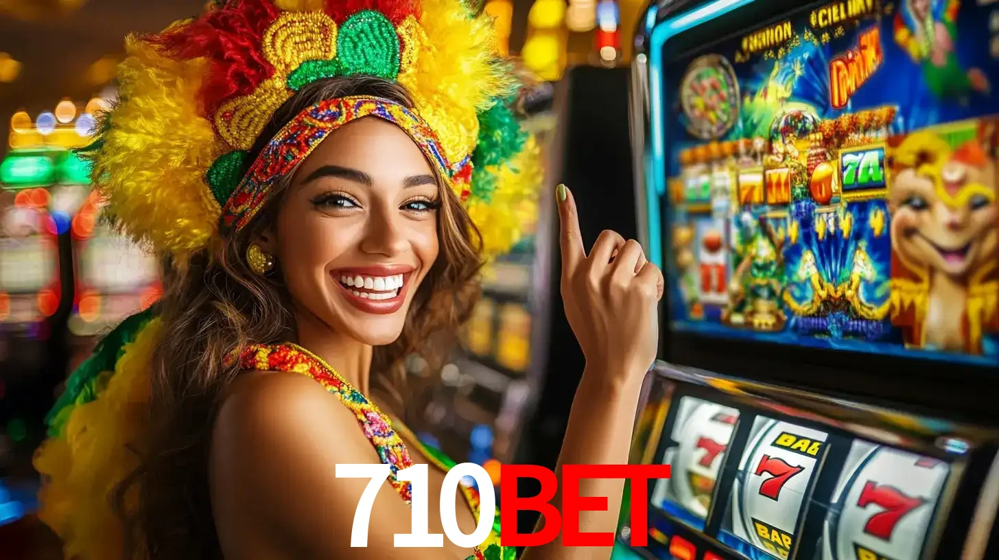Mulher animada com um cocar de carnaval apontando para uma máquina de caça-níqueis, mostrando a emoção de ganhar um grande prêmio nos jogos do 710BET.