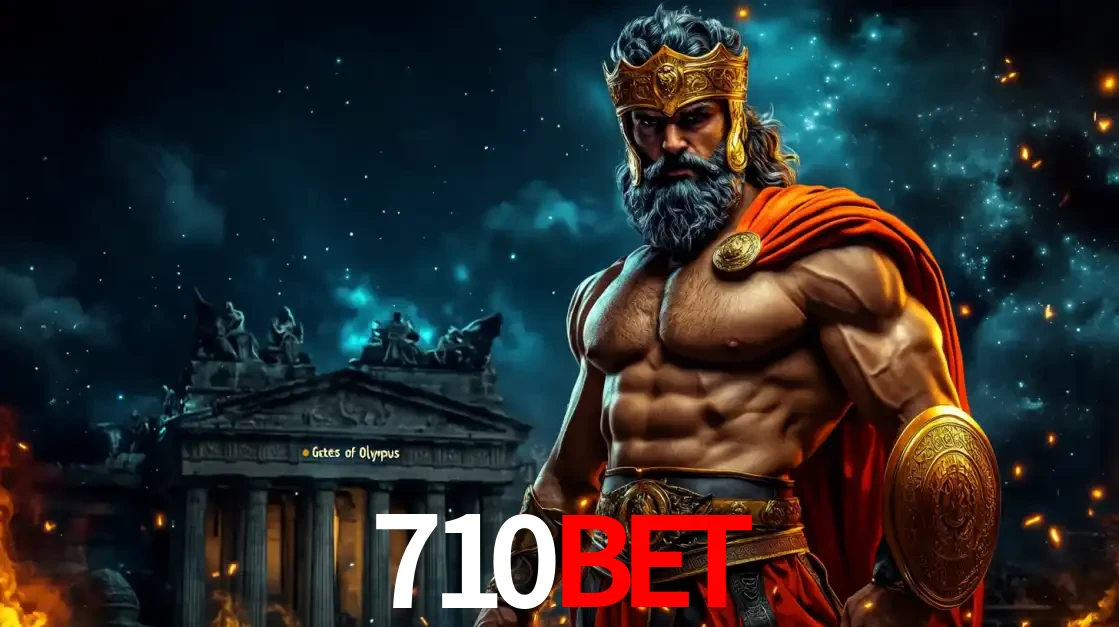 O poderoso Zeus do jogo de slot Gates of Olympus em frente ao seu templo, pronto para lançar multiplicadores divinos e prêmios épicos no cassino online 710BET.