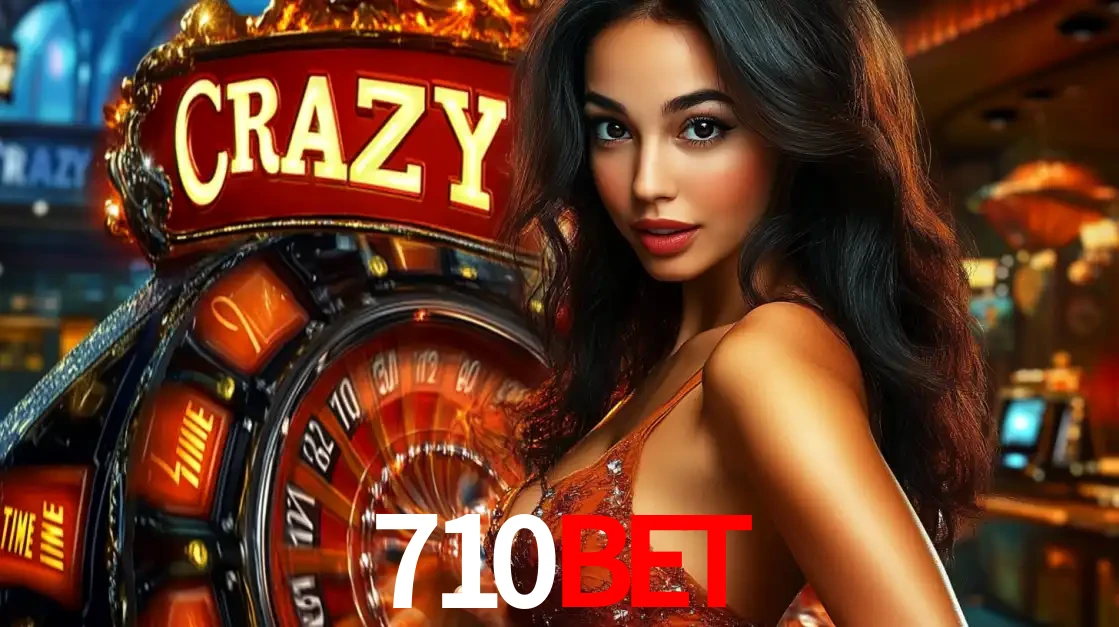 Mulher glamourosa olhando para a câmera com a roda vermelha do Crazy Time ao fundo em um ambiente de cassino, destacando a emoção dos jogos ao vivo no 710BET.