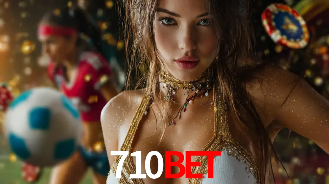 Mulher elegante representando a combinação de glamour e emoção das apostas esportivas, com uma jogadora de futebol ao fundo, destacando a ação no 710BET.