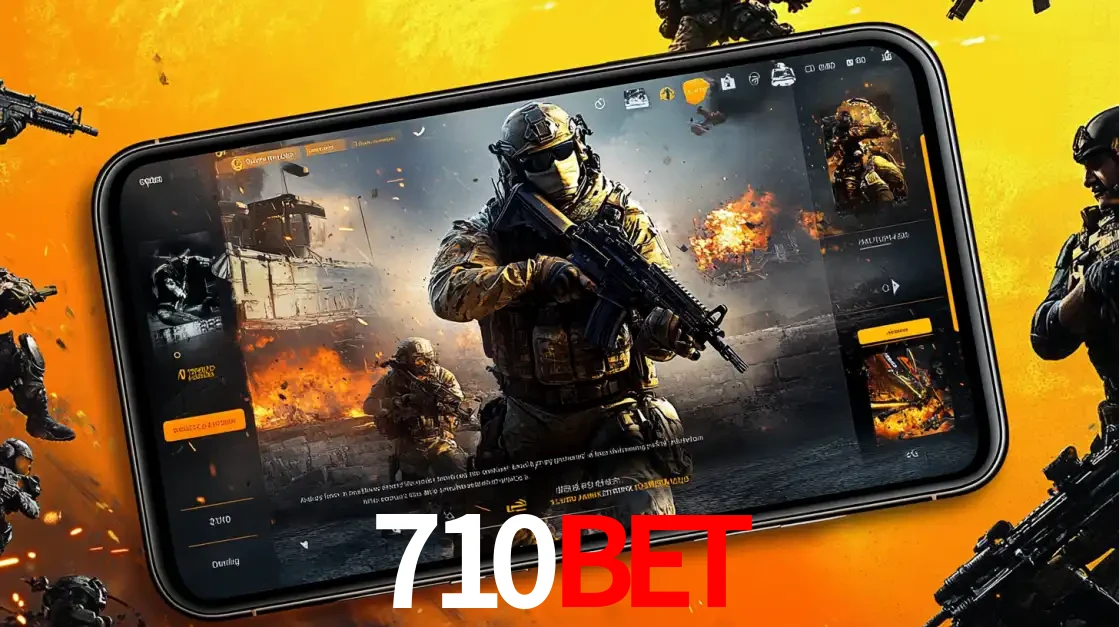 Um smartphone exibindo a interface de um jogo de tiro em primeira pessoa, com um soldado em um cenário de batalha, representando a ação dos e-sports para apostar no 710BET.