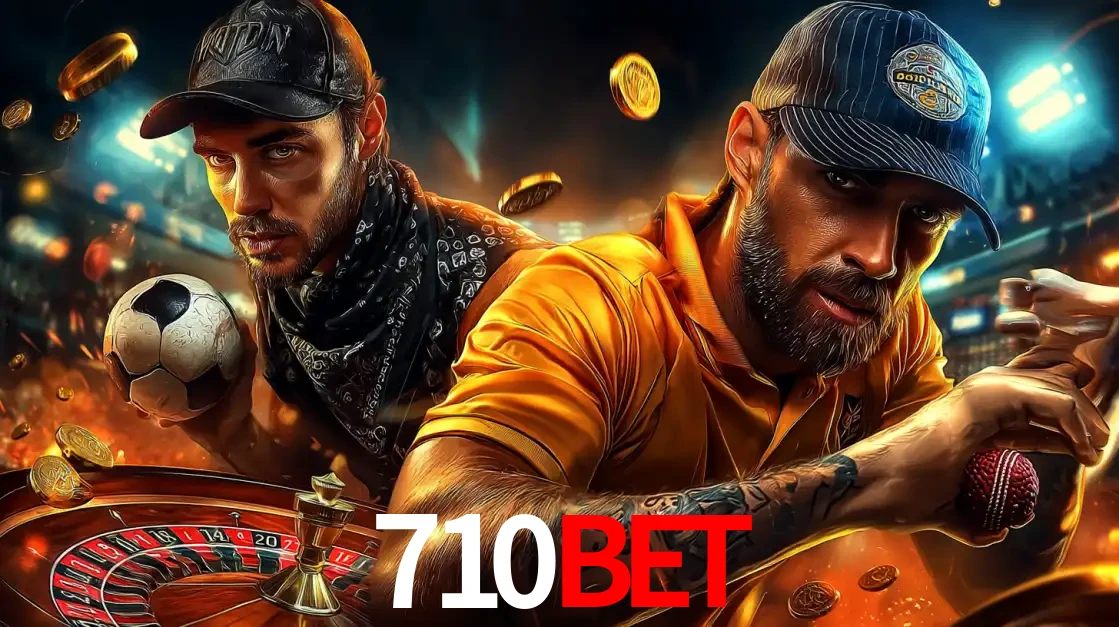 Montagem de apostas esportivas e cassino no 710BET, com um homem segurando uma bola de futebol e outro uma de beisebol sobre uma roleta e moedas voadoras.