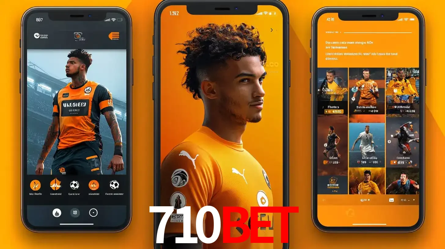 Interface do aplicativo de apostas esportivas 710BET em três telas de celular, mostrando o perfil de um jogador de futebol e a lista de jogos disponíveis para apostar.