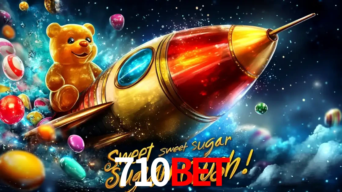 Arte promocional do jogo de slot Sugar Rush, com um urso de pelúcia em um foguete viajando pelo espaço de doces, um dos jogos divertidos disponíveis no cassino 710BET.