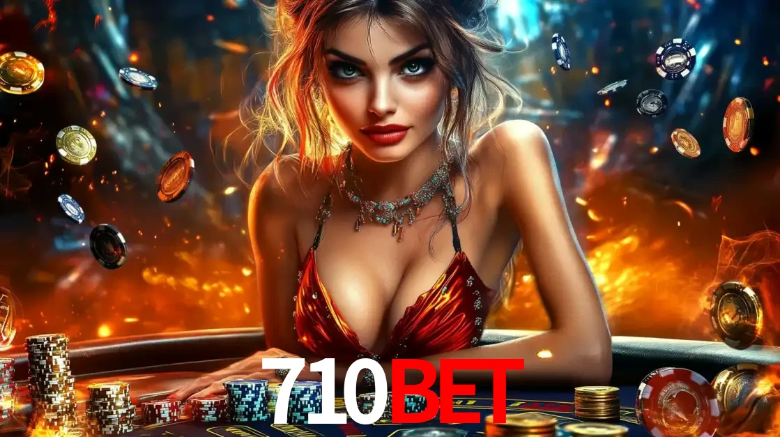 Mulher em uma mesa de cassino com pilhas de fichas e um fundo de fogo, pronta para uma rodada de altas apostas nos jogos de mesa emocionantes do cassino 710BET.