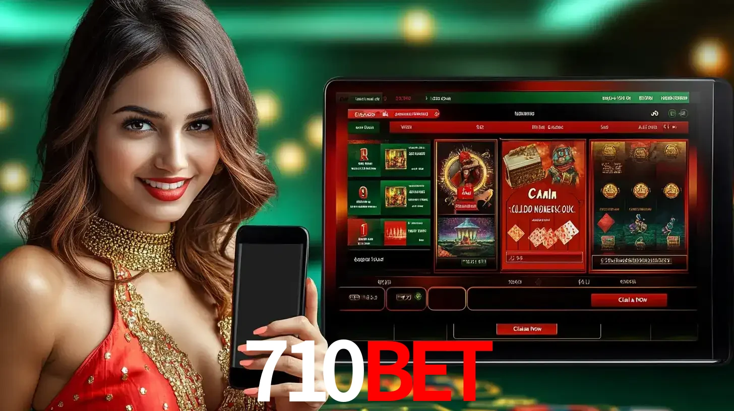 Mulher sorridente segurando um smartphone, ao lado de uma tela exibindo o lobby de jogos do cassino online 710BET, com várias opções de jogos de cartas e slots.